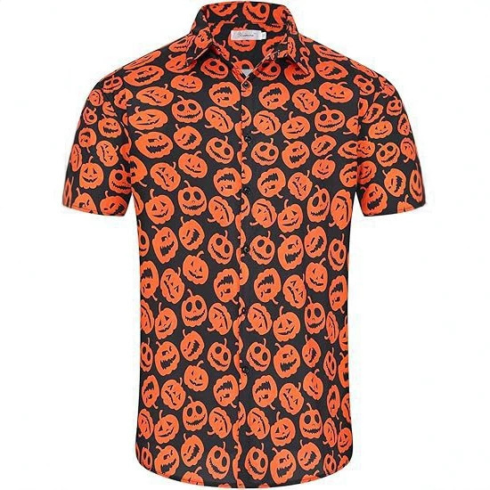 Cross-border Halloween-themed men's short-sleeved shirts, funny and quirky, all-over print, collared shirts, cross-border party menswear Cross-border Halloween-themed men's short-sleeved shirts, funny and quirky, all-over print, collared shirts, cross-border party menswear