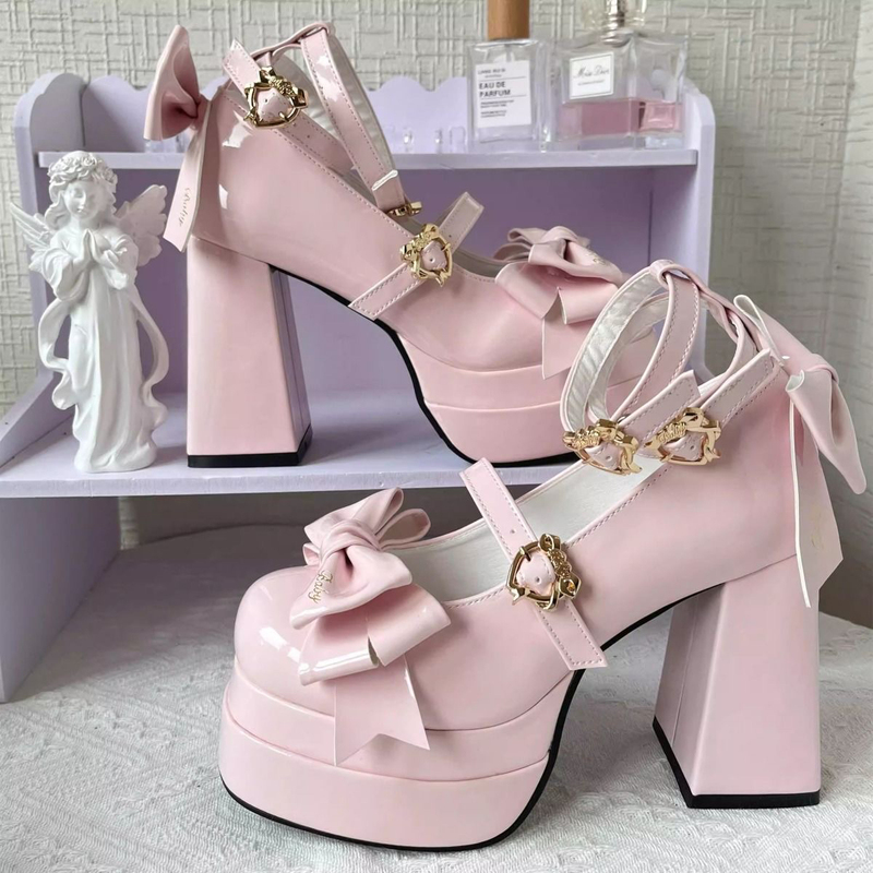 in stock Original Lolita Shoes Lolita High Heels Women's Lo Shoes Cute Bow Round Head Thick Heel Single-Layer Shoes