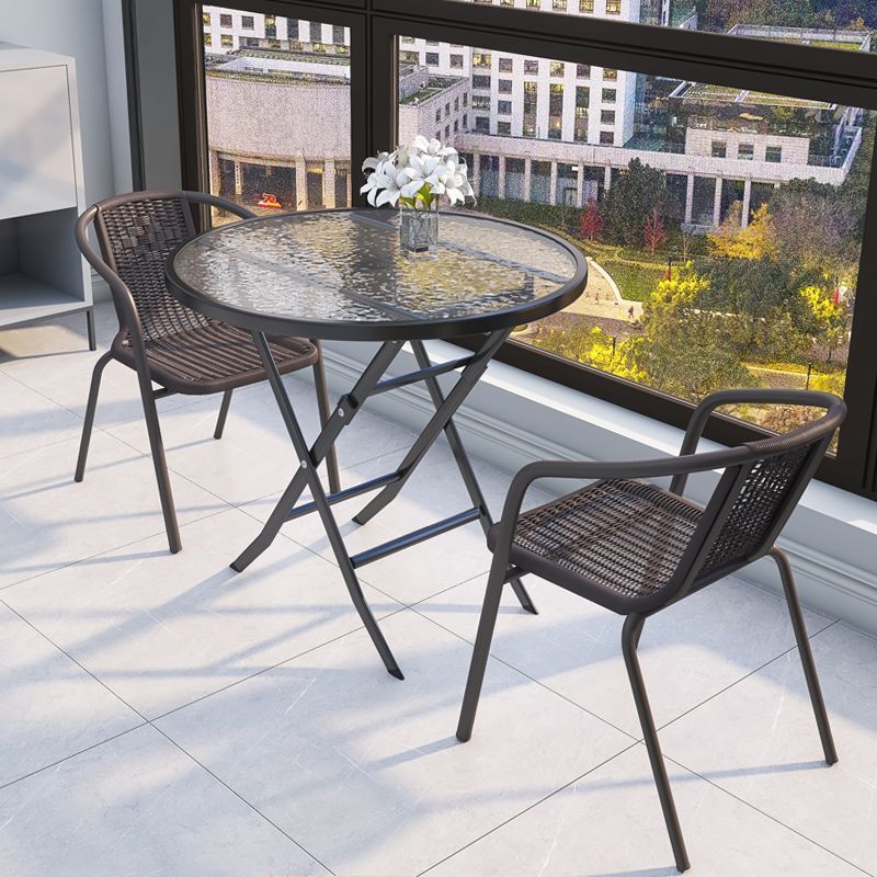 Small Apartment Dining Table and Chair Set, Tea Table for Home Use, Simple Balcony Small Tea Table, Rattan Chair with Backrest, Folding Glass Dining Table