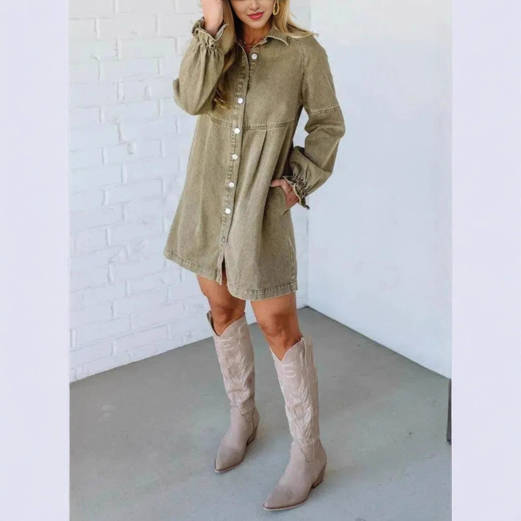 2025新款热销欧美跨境牛仔纽扣荷叶长袖裙宽松连衣裙女士