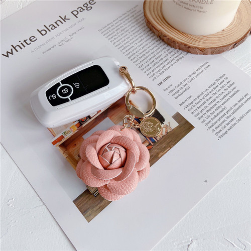 Fashionable leather camellia car keychain, cute floral backpack accessory, decorative personalized keychain loop for women