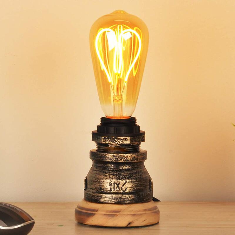 Vintage Small Table Lamp with Wooden Seat Vintage Small Industrial Farmhouse Golden Brass Table Lamp Vintage Pipe Lamp