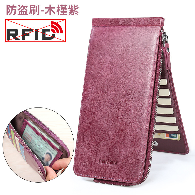 Cartera de cuero para hombre Cepillo antirrobo antimagnetizante Cartera de teléfono móvil Cartera de tarjeta Bolsa de una pieza Cartera de tarjeta Cartera de banco de gran capacidad