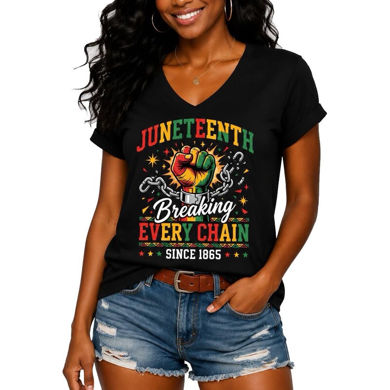 Exclusively for Cross-Border Sales, Juneteenth Black People's Festival Summer V-Neck Women's T-Shirt, Slim Fit, Versatile, a Must-Have Fashion Item Exclusively for Cross-Border Sales, Juneteenth Black People's Festival Summer V-Neck Women's T-Shirt, Slim Fit, Versatile, a Must-Have Fashion Item