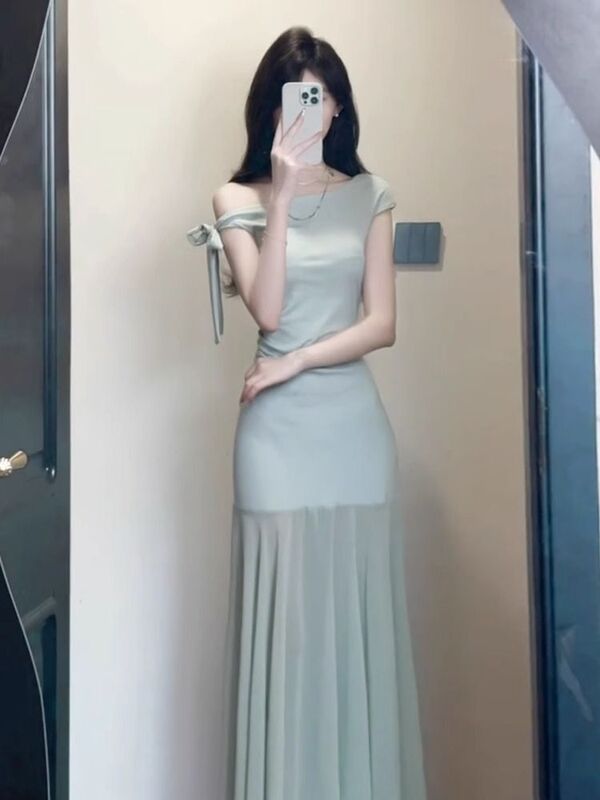 法式绿色露肩网纱连衣裙子女装夏季2025新款气质绝美收腰包臀长裙|undefined