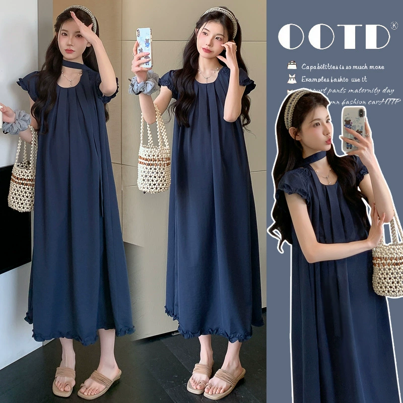 2025 новый летний стиль простое кружево с маленькими летящими рукавами элегантное высококачественное свободное платье для беременных с эффектом стройности