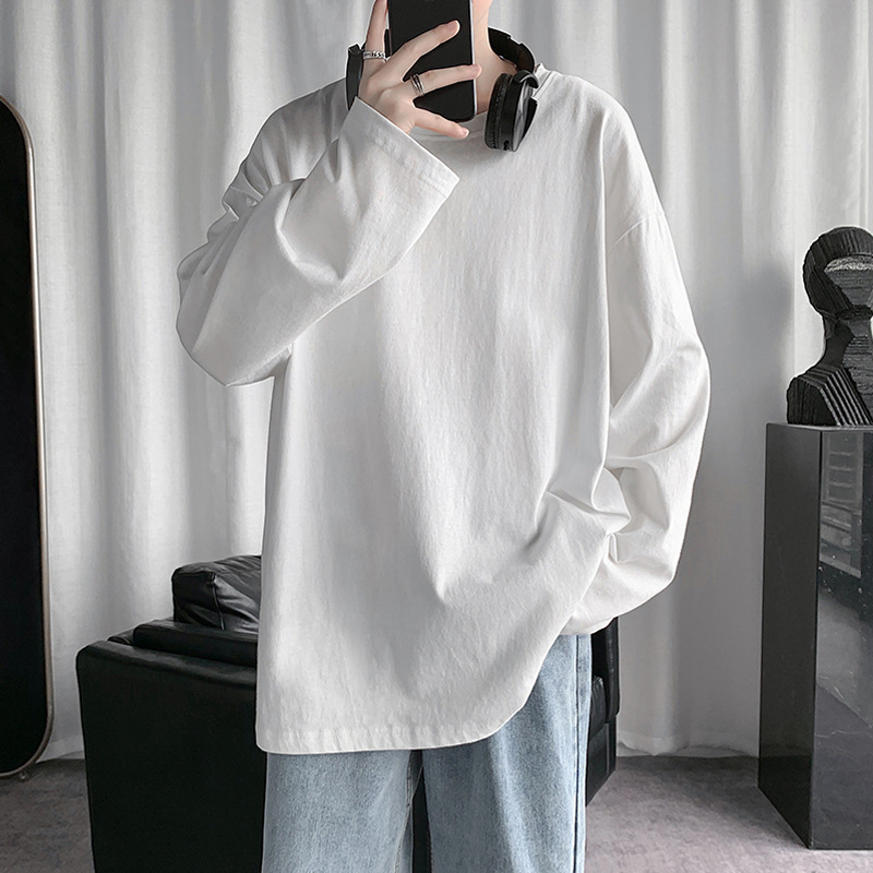 [Main Recommendation] Pure White T-Shirt Men's Long Sleeve Spring and Autumn Loose Casual Bottoming Shirt Trbottomy Brand American Long Sleeve Men
