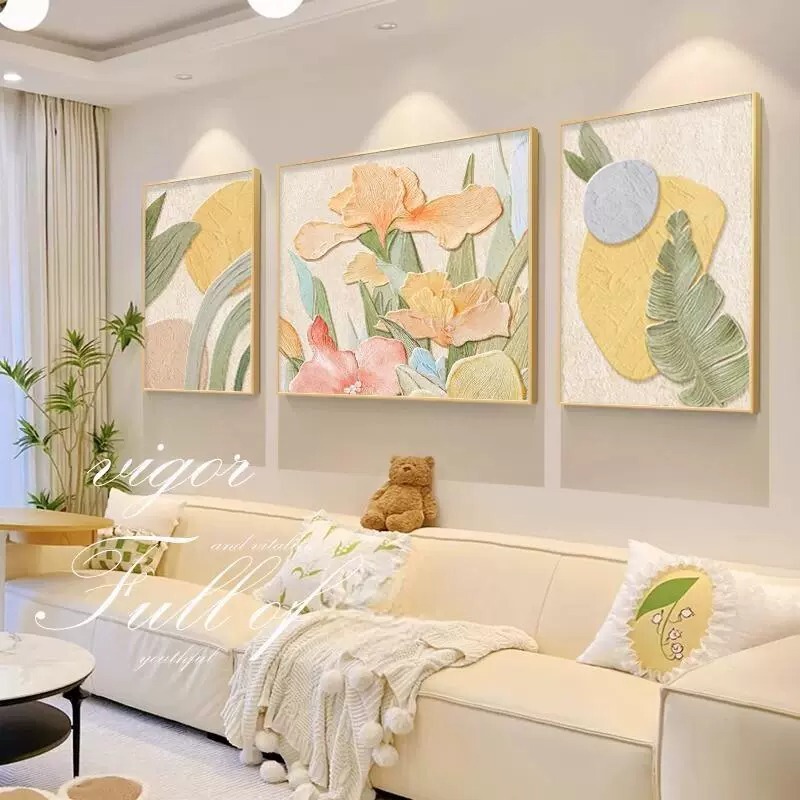 抽象的な花のリビングルームの装飾絵画クリームスタイルのテクスチャ吊り絵画ソファ背景壁画ハイエンドトリプティク|undefined