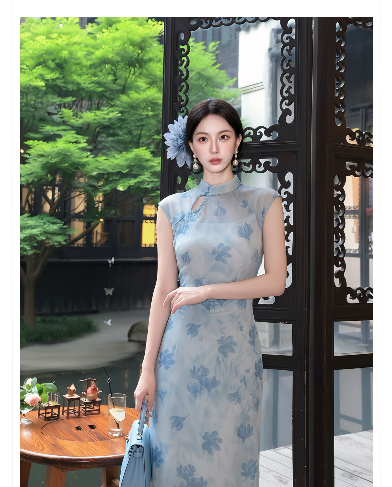 Đầm maxi nữ thắt eo phong cách tân cổ điển, chất liệu nhung tăm, thiết kế cổ yếm kết hợp ren, tay lỡ, dáng suông nhẹ, phù hợp mùa xuân hè — xanh lam chi tiết 7