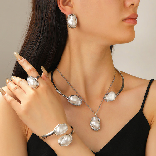 European and American cross-border baroque pearl set jewelry women's high-end necklace earring ring bracelet necklace