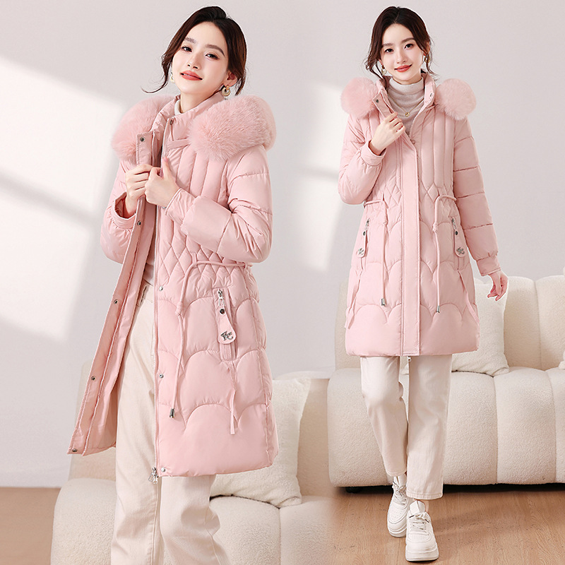 25 ropa de algodón delgada y gruesa de estilo largo y medio, abrigo de comercio exterior de mujeres, cuello de pelo grande desmontable, chaqueta de algodón cálida, pluma de algodón