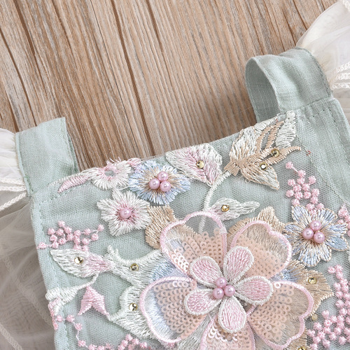 European and American cross-border foreign trade new women and children crawling suits with net lace and pearl embossed floral ties for infants and young children rompers