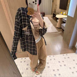ke罗秋季复古撞色格纹长袖衬衫女翻领口袋刺绣宽松百搭衬衣外套