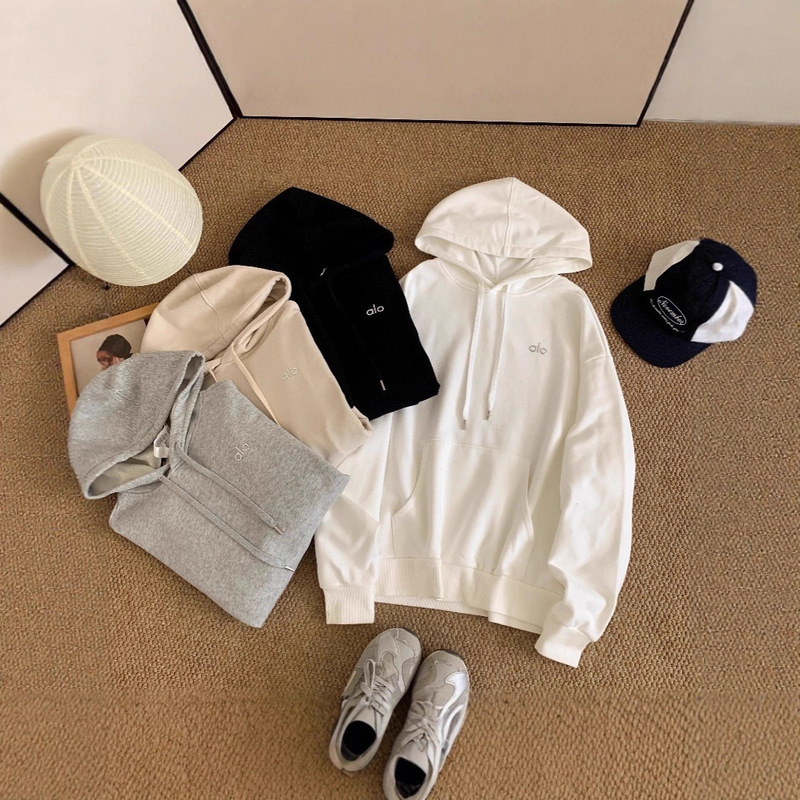 Alo Sweatshirt Loose Fit with Hood Solid Color High-End Drawstring Front Pocket Unisex Sports Long Sleeve Loose Style