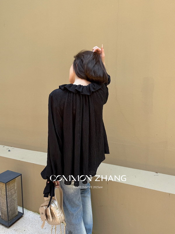 CZ ZHANG秋季韩版肌理感花边v领慵懒松弛微透百搭宽松小衫B33203|undefined