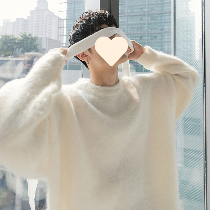 Autumn and Winter Boyfriend Style Thickened Loose Lazy Style Knitwear Simple Pure Color Round Neck White Knitwear Men's Korean Style Trend