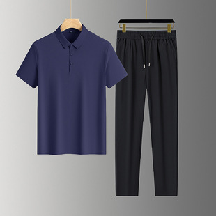 Trendy Summer Short-Sleeve Polo T-Shirt and Ice Silk Pants Set for Middle-Aged Men, Loose and Breathable