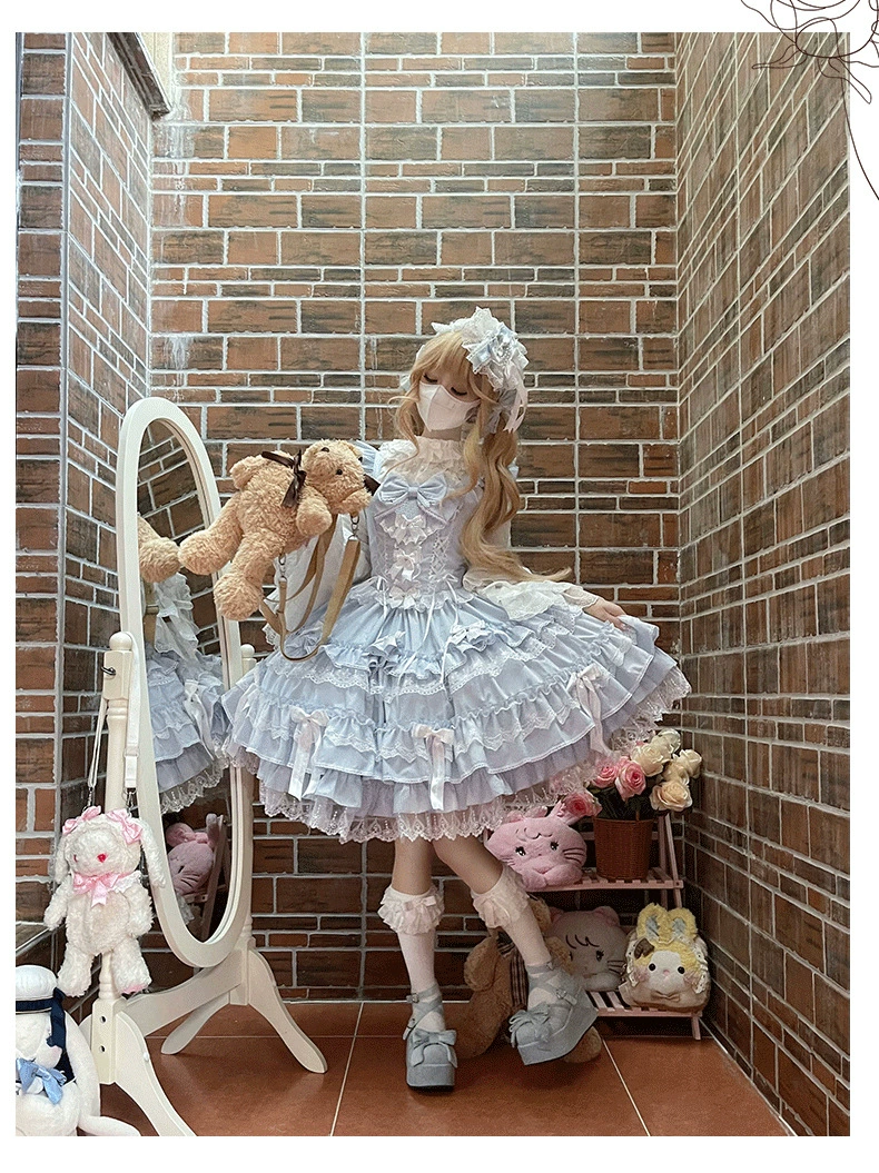 Платье типа Lolita JSK, женское платье с многоцветной бахромой кружева, пастельные фуксия/синий/зеленый, размеры S–L