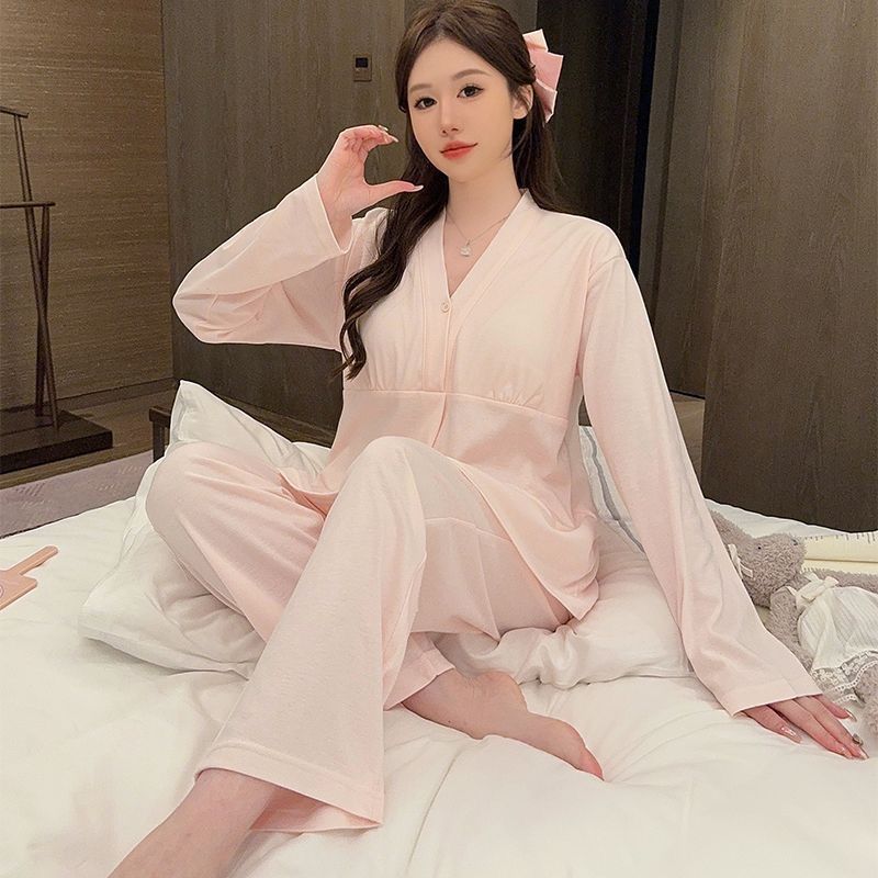新款带胸垫孕妇睡衣女夏季薄款长袖长裤月子服宽松产前产后家居服|undefined