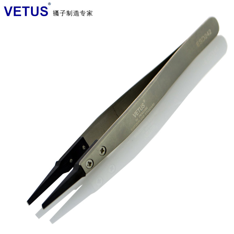 VETUS镊子可换头ESD夹持工具碳纤维头扁嘴防静电镊子ESD242