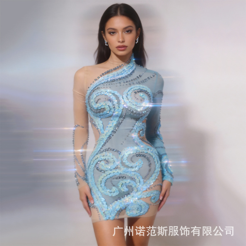 Ins Style Light Blue Sea Wave Rhinestone Sequin Wrap Dress Stage Performance Singer Talent Live Performance Outfit