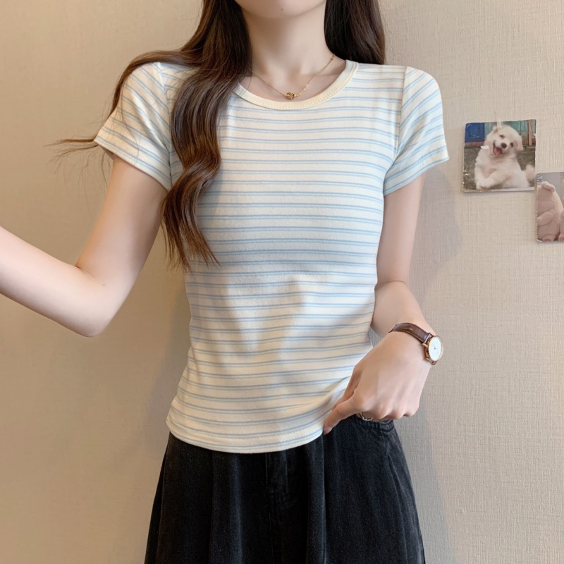 夏季色織條紋短袖T恤女短款小個子純欲風甜辣妹緊身顯瘦上衣體恤
