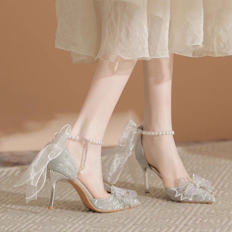 High Heels 2026 New Model Pointed Toe Sequin Bow Hollow Shoes Wedding Shoes Bridal Shoes Pointed Toe Single Shoes
