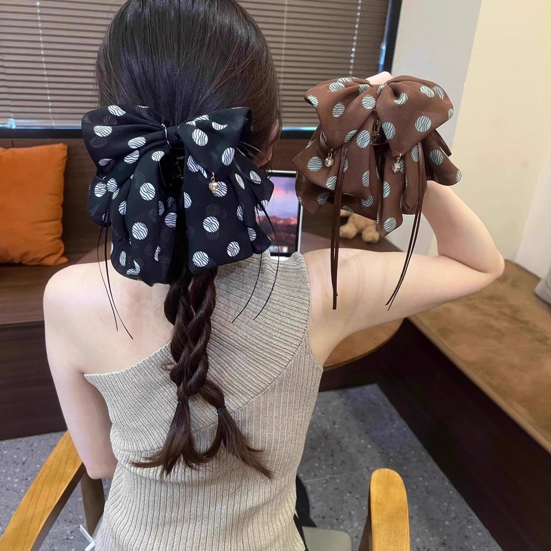 法式新款气质波点飘带蝴蝶结马尾抓夹高级感后脑勺半扎发夹头饰|undefined