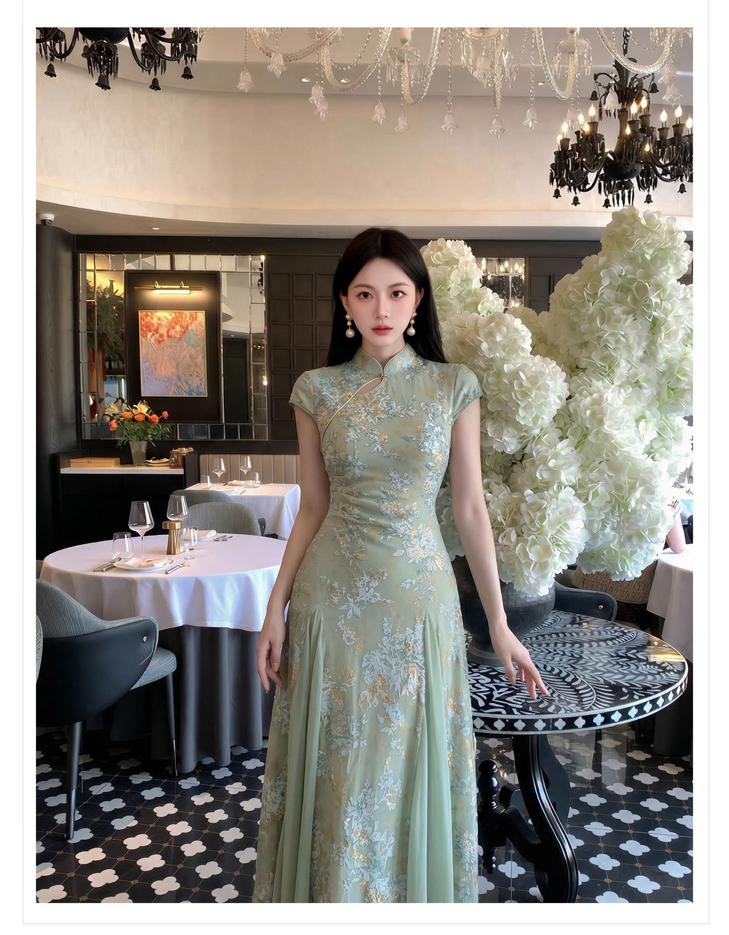 Đầm maxi nữ cổ đứng ren hoa thêu tay dài — Xanh lá cây nhạtcolor chi tiết 15