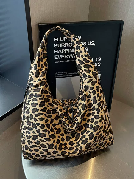 Casual leopard print fabric bag, vintage trendy large-capacity underarm bag, casual lightweight shoulder bag, handbag tote bag for women