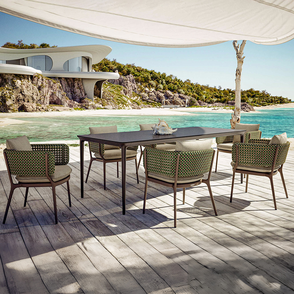 Mesa y silla de ocio al aire libre a prueba de agua y protección solar sala de sol muebles de aleación de aluminio patio jardín combinación de silla de comedor de caña image 4