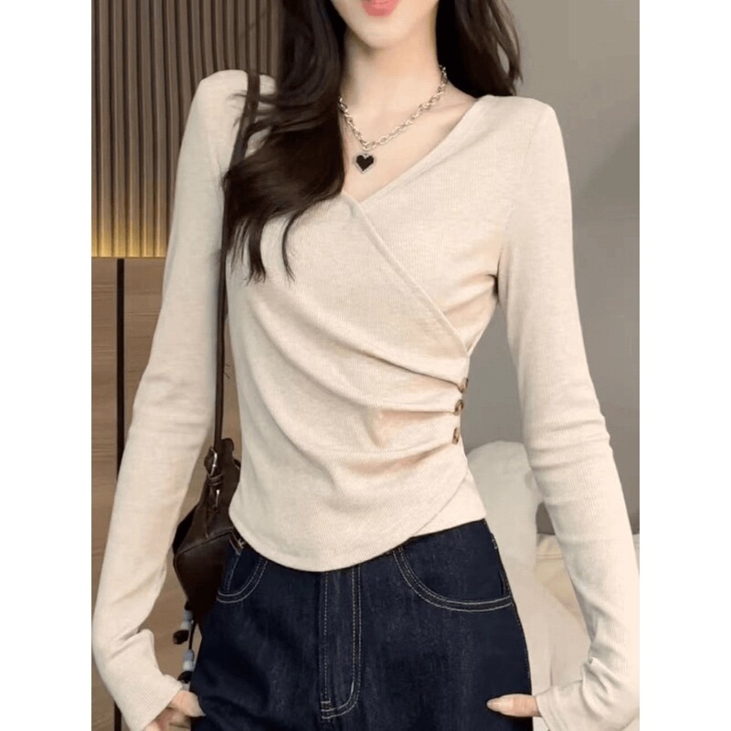 2025 Autumn Slimming V-Neck Long Sleeve Base Shirt for Women Plus Size, Slim Fit Inner Layer for Petite Short Tops
