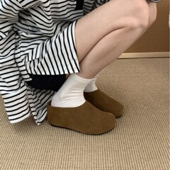 牛皮版~跟高7CM真皮勃肯鞋女秋冬新款复古坡跟厚底半拖鞋女外穿