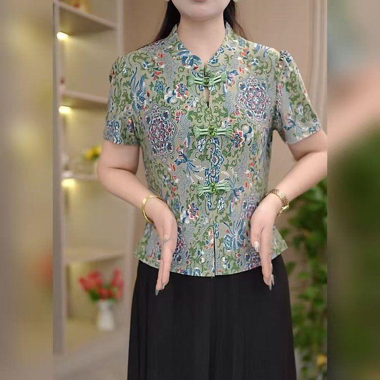 2026 Summer Chinese Style Soft and Smooth Blouse, Loose Fit for Moms, Tummy-Concealing, Flattering, Green, for Parties, Gentle and Delicate Embroidery 2026 Summer Chinese Style Soft and Smooth Blouse, Loose Fit for Moms, Tummy-Concealing, Flattering, Green, for Parties, Gentle and Delicate Embroidery