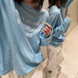 高版ACN家水雾蓝印花字母长袖T恤内搭休闲百搭上衣女打底美式复古