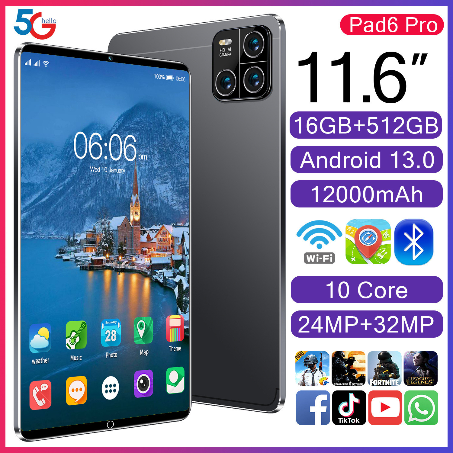 Cross-Border Spot Hot Selling Pad6Pro Android Tablet 16+512g Large Screen Eye Protection Manufacturer Wholesale Direct Sales