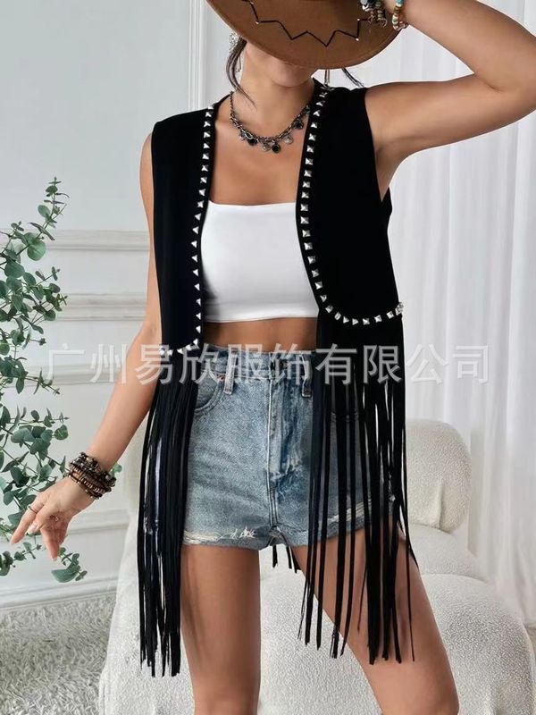 女式流苏 60 年 70 年代嬉皮背心无袖牛仔西部人造鹿皮绒流苏夹克|undefined