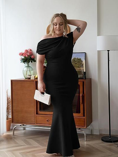 Nuevo tamaño transfronterizo vestido de mujer larga Europa y América elegante temperamento delgado vestido de noche negro