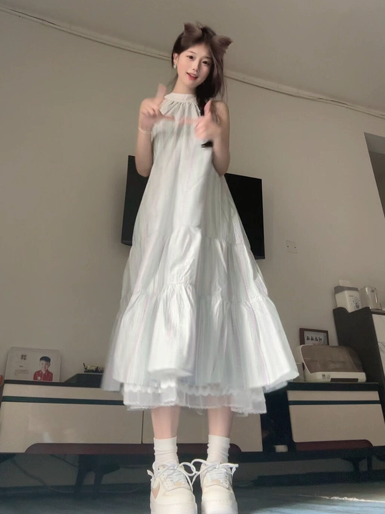 Женское платье с голубым бретельчатым воротником в французском стиле, новинка лета 2025 года, элегантное длинное платье для миниатюрных пляжных каникул.