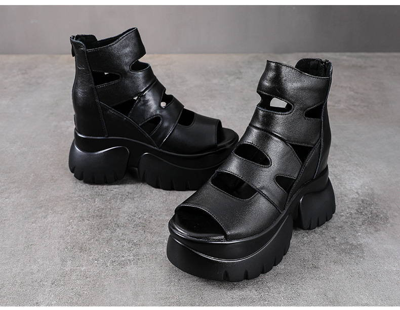 Giày sandal cao gót nữ hở mũi da bò thật đế dày tăng chiều cao — màu đen chi tiết 11