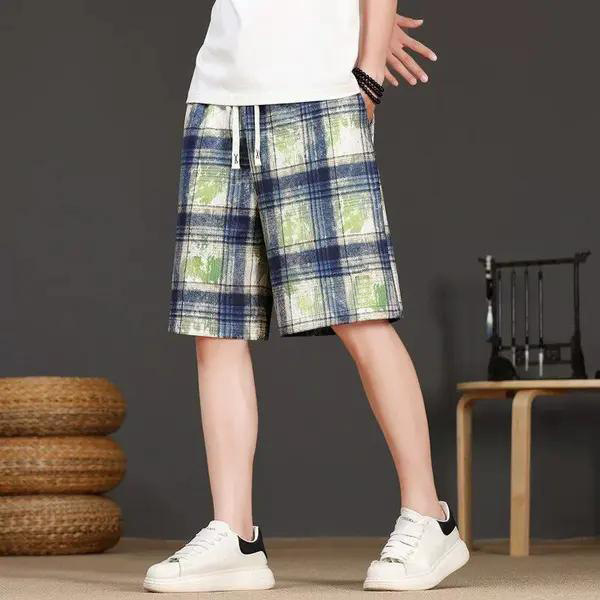 Men's Tie Dye Plaid Shorts High Street Trendy Summer Thin Casual Retro Style Loose Five Point Pants_viptrois.com