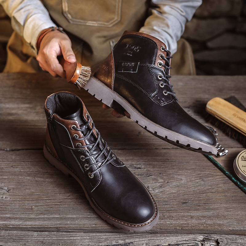 Botas masculinas de couro transfronteiriças Botas Martin Botas masculinas plus size Botas curtas com zíper Sapatos masculinos Outono e inverno Sapatos de cano alto Desert Workwear Bo_voghion.com