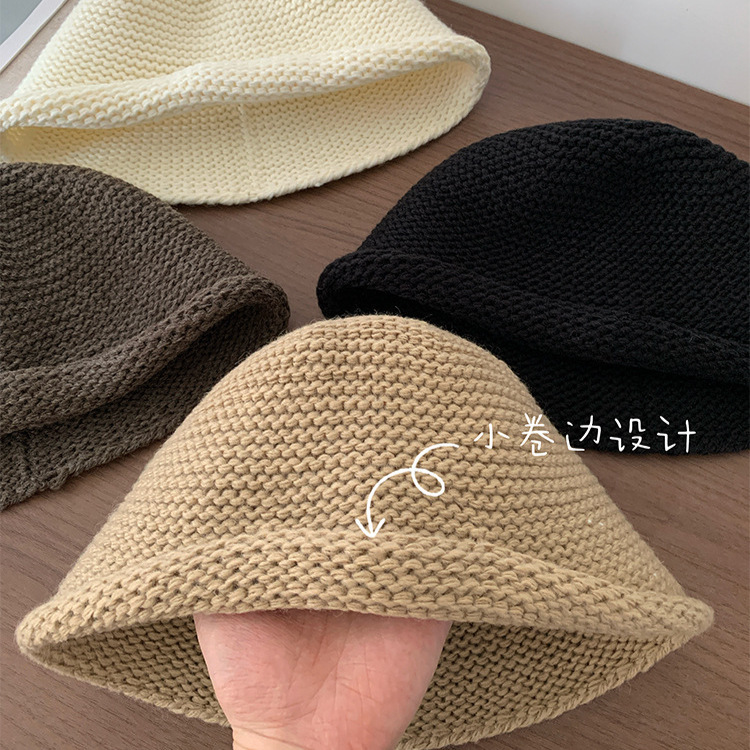 批发秋冬新款羊毛极简卷边显脸小透气水桶早秋毛织冷帽韩版毛线帽|undefined
