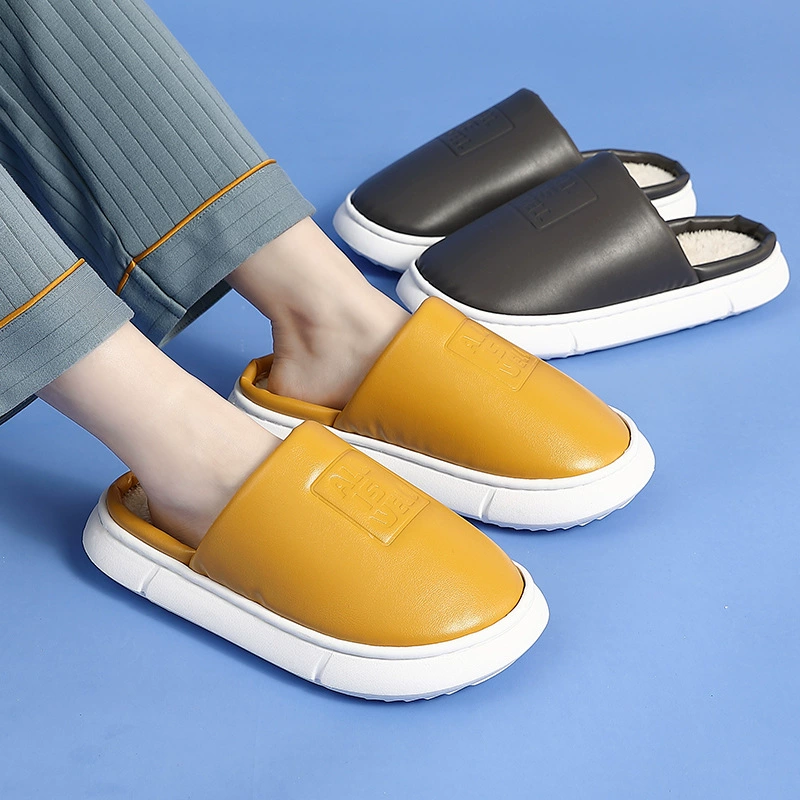 Хлопковые тапочки на ощупь, мужские водонепроницаемые домашние теплые домашние плюшевые мужские хлопковые тапочки из искусственной кожи с толстой подошвой, осень и зима