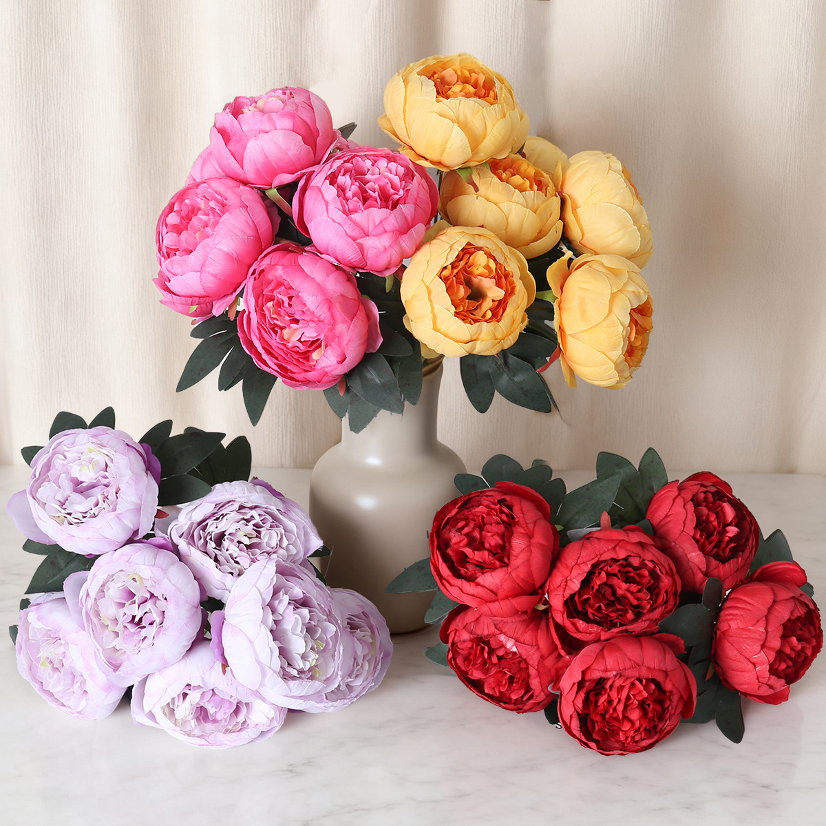 Simulación de 7 cabezas núcleo de peonía peonía flores de boda hotel decoración de flores de pared ornamentos ramo de flores de mano