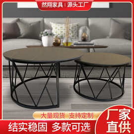 岩板茶几家用客厅网红大小圆茶几小户型圆形铁艺民宿小圆茶几
