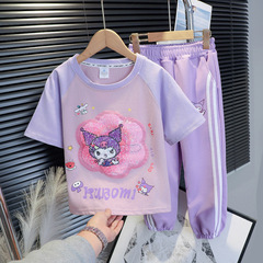 女童夏季套裝2024新款網紅卡通亮片變色短袖T恤休閒褲兒童兩件套