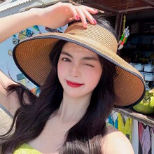 草帽女空顶帽大帽檐外贸欧美跨境蝴蝶结户外旅行防晒春夏沙滩调节