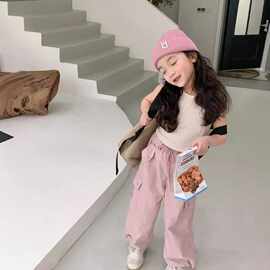 女童美式抽绳工装裤春夏装中大儿童韩系粉色速干舞蹈裤休闲长裤潮
