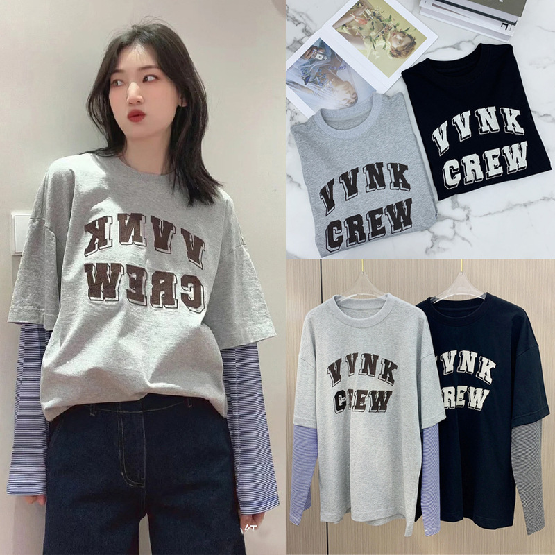 Bring your own fashion fake two-piece letter T-shirt ~ 23 spring and summer high quality classic casual loose all-match top ~